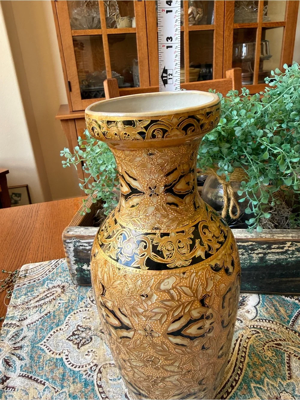 Japanese Satsuma Style Moriage Vase Vintage Gold Black Floral Relief Pottery 12” - Picture 6 of 10